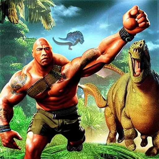 Prompt: “ dwayne johnson fighting dinosaurs in the jungle, playstation 2 graphics ”