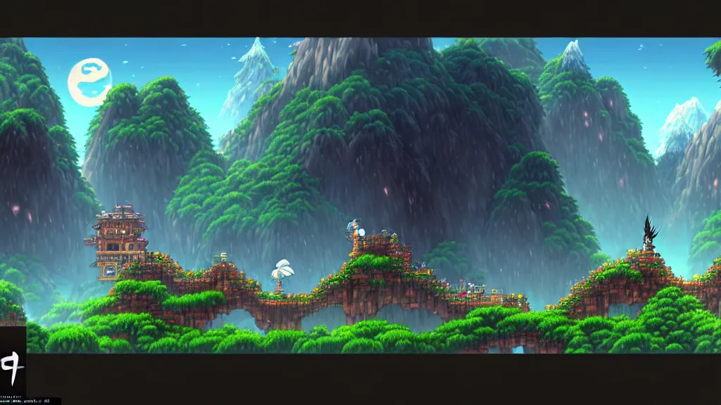 Image similar to side scrolling landscape sotn, studio ghibli, pixar and disney animation, sharp, rendered in unreal engine 5, highly detailed, digital painting, artstation, terraria, hollow knight, smooth, sharp focus, illustration, wide angle, wallpaper, splash art, promo art, dramatic lighting, art by artgerm and greg rutkowski and bo chen and jin xiaodi