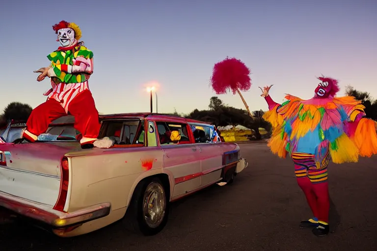 Image similar to 2 0 clowns leaving a clowncar at a california drive in, in 2 0 1 2, cutecore clowncore, bathed in the the glow of the sunset, low - light photograph, in style of henry selik