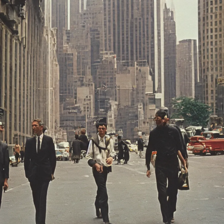 Image similar to a couple of men walking down a street next to tall buildings in new york, 1 9 6 0 s, colour film street photography, photo taken with ektachrome, featured on flickr, film grain