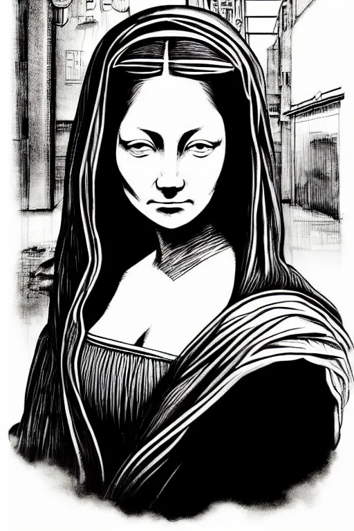 Image similar to beautiful portrait of a woman, negative no not mona lisa pose, highly detailed ink illustration of a dark alley of taipei, b & w clean shaped illustration by kim jung gi, ric estrada, ron english and eiichiro oda