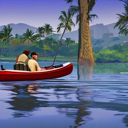 Prompt: A Grand Theft Auto 5 cover style illustration, extremely detailed featuring a river in Europe, surrounded by trees and fields. A dinghy is slowly moving through the water. Nighttime.