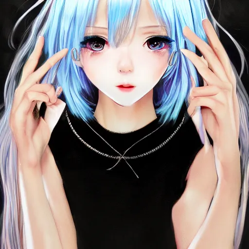 Image similar to realistic detailed semirealism beautiful gorgeous natural cute excited happy Blackpink Lalisa Manoban white hair white cat ears blue eyes, wearing black camisole outfit, headphones, black leather choker artwork drawn full HD 4K high resolution quality artstyle professional artists WLOP, Aztodio, Taejune Kim, Guweiz, Pixiv, Instagram, Artstation