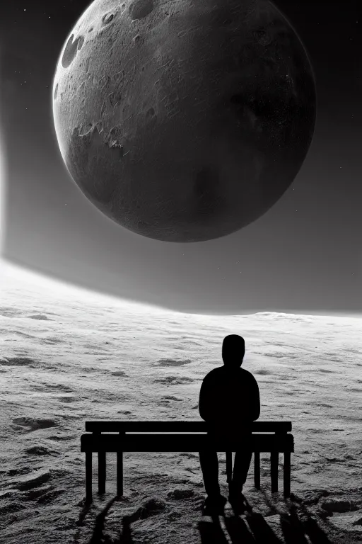 Image similar to Silhouette of a man sitting on a bench on the moon with a view of planet earth, photorealistic, high resolution, award winning, digital art, trending on artstation.