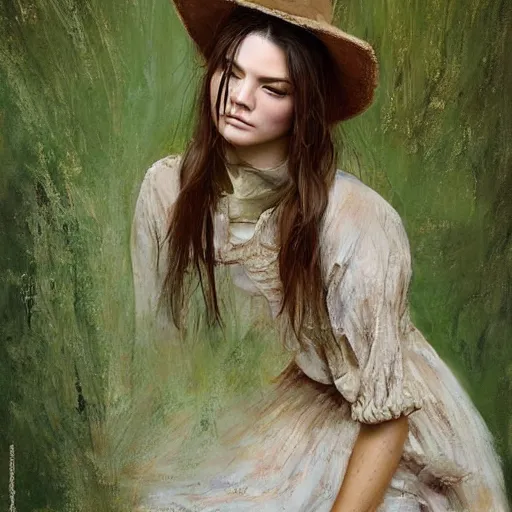 Image similar to happy very thick paint brush strokes paint texture full body very worn out very rusty fashion model kendall jenner by Jeremy Lipking by Hasui Kawase by Richard Schmid (((smokey eyes makeup eye shadow fantasy, glow, shimmer as victorian woman in a long white frilly lace dress and a large white hat having tea in a sunroom filled with flowers, roses and lush fern flowers ,intricate, night, highly detailed, dramatic lighting))) , high quality