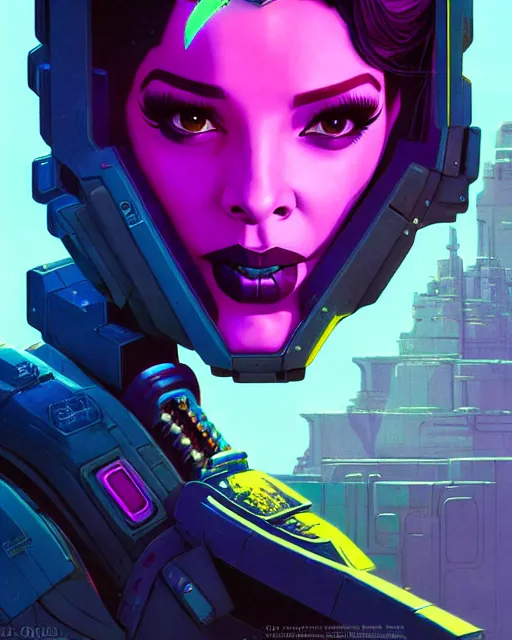 Prompt: sombra from overwatch, character portrait, portrait, close up, concept art, intricate details, highly detailed, vintage sci - fi poster, retro future, in the style of chris foss, rodger dean, moebius, michael whelan, and gustave dore