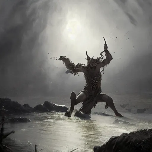 Image similar to an epic battle between the devil and god, volumetric lighting, 8 k octane beautifully detailed render, post - processing, extremely hyper - detailed, intricate, epic composition, cinematic lighting, masterpiece, trending on artstation, detailed detailed detailed, masterpiece, stunning art by anders zorn, wonderful masterpiece by greg rutkowski, beautiful cinematic light,