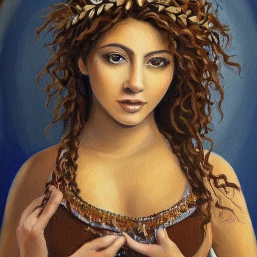 Prompt: beautiful intricate painting of a goddess with bodacious curves and brown curly hair