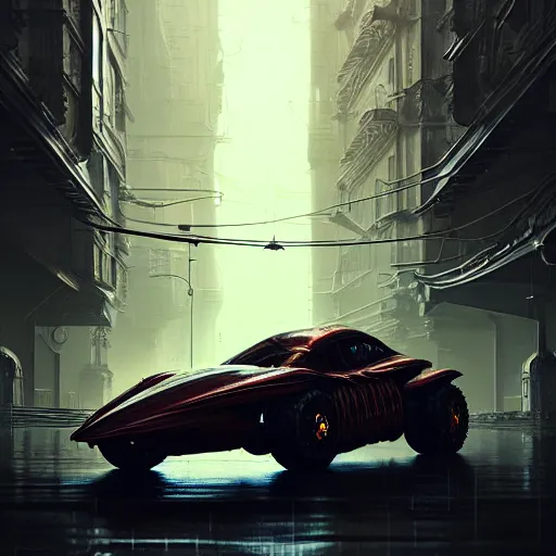 Image similar to cyborg cyber vintage supercar slick warm tones : by michal karcz, daniel merriam, victo ngai and guillermo del toro : ornate, dynamic, particulate, intricate, elegant, highly detailed, centered, artstation, smooth, sharp focus, octane render