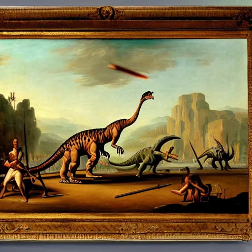 Image similar to A painting of a dinosaur fighting with serval cavemen armed with spears, coarse canvas, visible brushstrokes, painting by Jan van Goyen