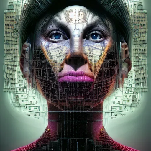 Image similar to full face close up portrait, visions of chaos in a thriving dystopia, by peter woodroffe, by igor morski, by laurie lipton, in a cyber - punk ally, cinematic lighting, volumetric lighting, neosurrealism, realistic shadows, particle effects, rendered in octane, punk, electric, cosmic, cybernetic