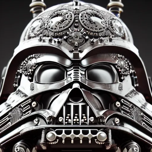 Image similar to A close up symmetric steampunk darth vader mask with sparkling eyes made from ornate engraved full plate armor and Rolex gears and jewels and gems, macro shot by Justin Gerard, unreal engine, detailed, intricate, physically based rendering