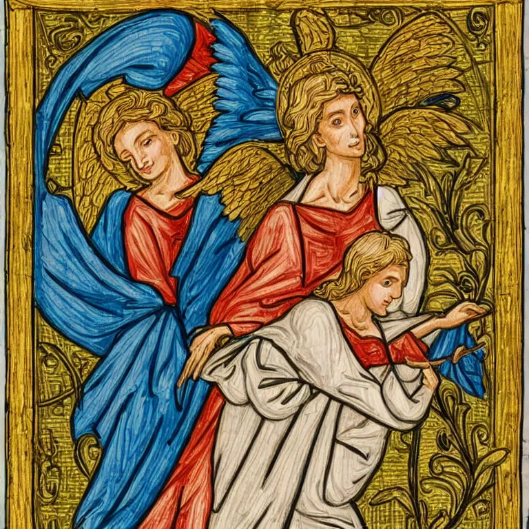 Image similar to biblically accurate angel medieval illuminated manuscript illustration