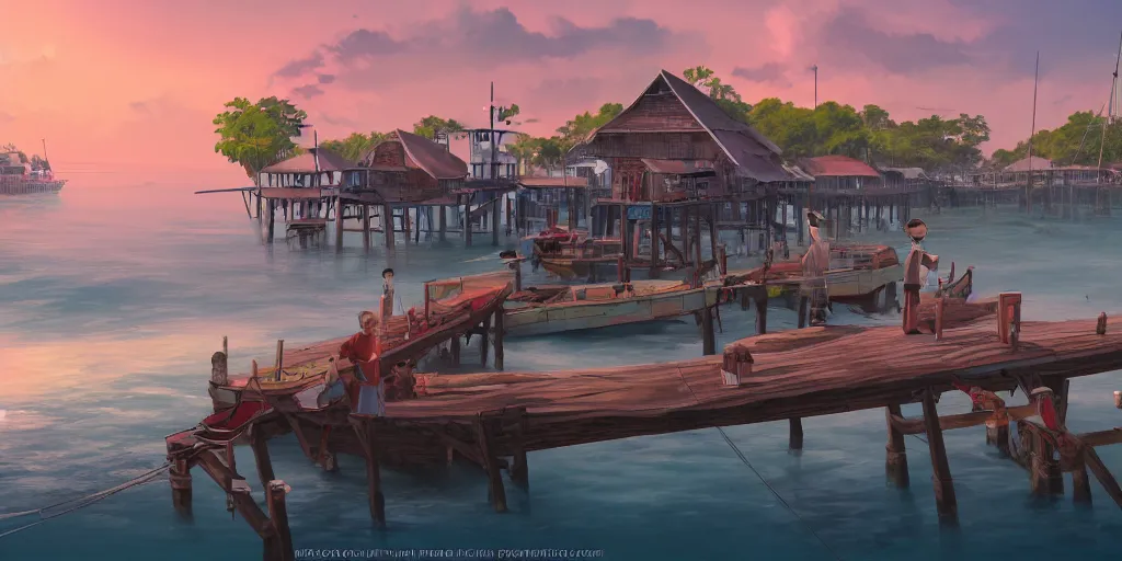 Prompt: pulau indah jetty fishing town in the morning, detailed matte painting, studio ghibli, artstation