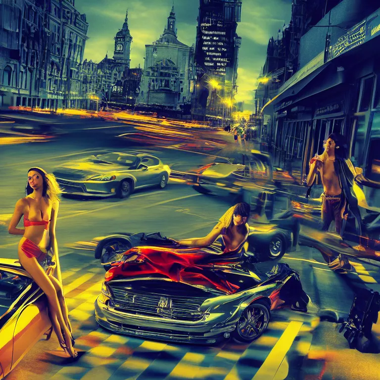 Image similar to street racing packshot by vermeer, highly detailed, saturated colors, fashion