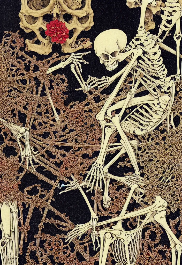 Image similar to prompt: old Victorian painting frame made out of skeleton and trinkets drawn by Takato Yamamoto, alchemical objects inspired by 1980's sci-ci, old experimentation cabinet, intricate oil painting detail, manga 1980