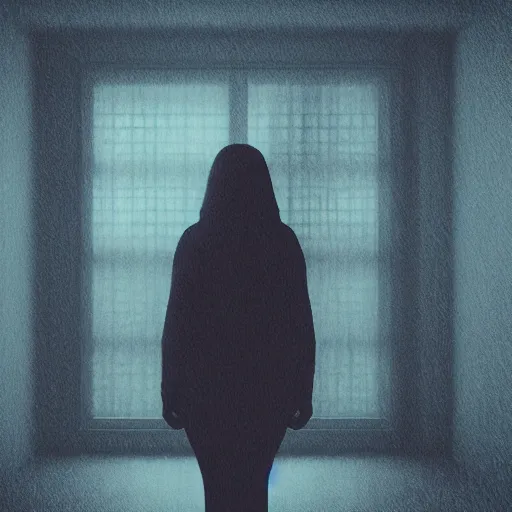 Image similar to selfie!!!!! of a woman in a dark room, spooky filter applied!!!!, grim and gloomy atmosphere, photorealistic, 4 k, 8 k