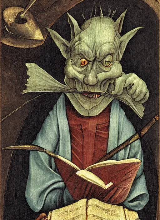 Image similar to medieval goblin reading a book by hieronymus bosch, detailed digital art, trending on Artstation