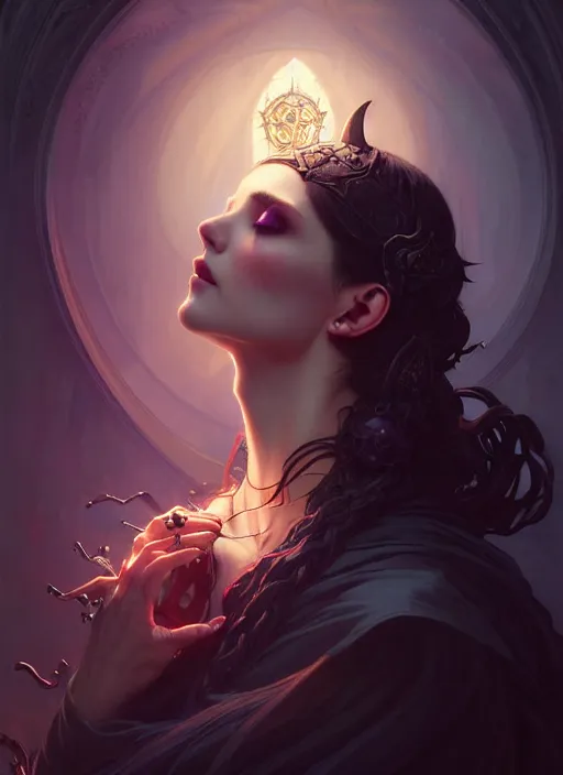 Image similar to Necromancer Sorceress, fantasy magic, undercut hairstyle, dark light night, intricate, elegant, sharp focus, illustration, highly detailed, digital painting, concept art, matte, art by WLOP and Artgerm and Greg Rutkowski and Alphonse Mucha, masterpiece