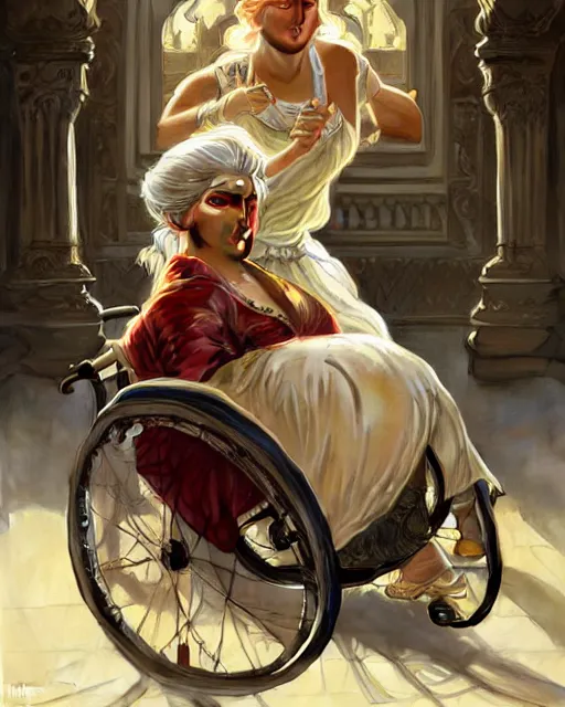 Prompt: Painting of a blonde lady pushing an obese indian lady in a wheelchair,real life skin, intricate, elegant, highly detailed, artstation, concept art, smooth, sharp focus, art by artgerm and greg rutkowski and alphonse mucha