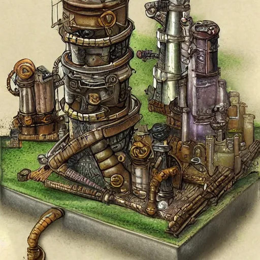Image similar to steampunk fantasy city built into the side of a mountain, in three levels. the ground level is an industrial area with smokestacks and factories. the upper levels are residential. d & d art style