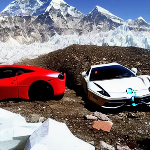 Image similar to crashed ferrari, 3 model lines on top of mount everest