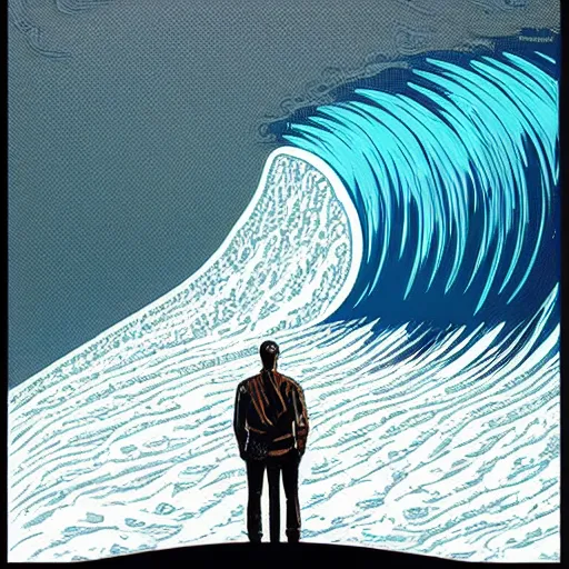 Image similar to a man standing in front of a giant wave, poster art by Jeffrey Smith, behance contest winner, pop surrealism, concert poster, poster art, movie poster