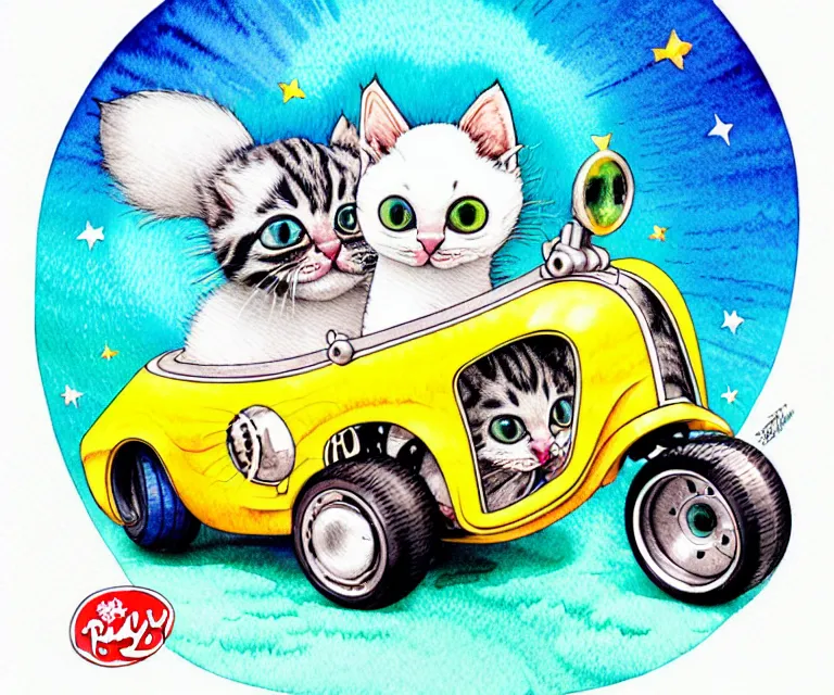 Image similar to cute and funny, kitten wearing a helmet riding in a tiny hot rod with an oversized engine, ratfink style by ed roth, centered award winning watercolor pen illustration, isometric illustration by chihiro iwasaki, edited by range murata, tiny details by artgerm and watercolor girl, symmetrically isometrically centered, sharply focused