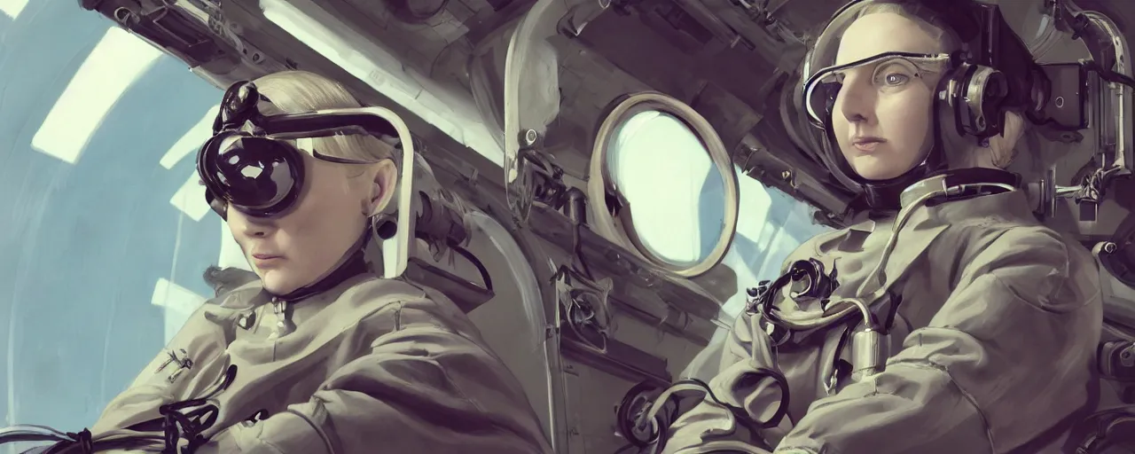 Image similar to illustration 3 / 4 portrait of stoic heroic emotionless butch blonde woman engineer with short slicked - back hair, wearing victorian goggles, working in zero gravity on space station, awkward and uncomfortable and anxious, dirty, dynamic composition by sergey kolesov. industrial space program, scifi, hyper detailed. octane render. concept art. trending on artstation