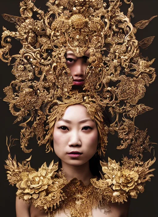 Prompt: a portrait of pan - asian female by stefan geselle and nekro borja, photorealistic, intricate details, hyper realistic, fantasy, elegant, baroque gold headpiece, photorealistic, canon r 3, photography, wide shot, symmetrical features, symmetrical pose, wide angle shot, head to toe, standing pose, feet on the ground, wearable art