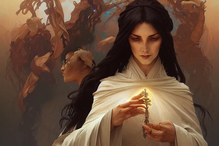 Image similar to the righteous female mage of god, deep focus, intricate, elegant, highly detailed, digital painting, artstation, concept art, matte, sharp focus, illustration, art by artgerm and greg rutkowski and alphonse mucha