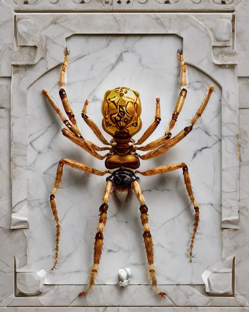 Image similar to symmetry, white marble bas relief sculpture of a white marble crab woman made of white marble crabs and spiders and scorpions, white marble with interacte gold wire inlay, art nuevo, octane, 8 k, hdr, art by hr geiger and ridley scott and alphonse mucha, trending on artstation