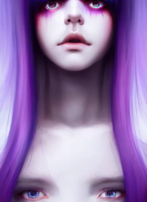 Image similar to hair whitebangs hair, black hair, whitebangs, portrait of teenage girl with white bangs, red irises, purple clothes, white bangs, bangs are different color from hair, intricate, elegant, glowing lights, highly detailed, digital painting, artstation, concept art, smooth, sharp focus, illustration, art by wlop, mars ravelo and greg rutkowski