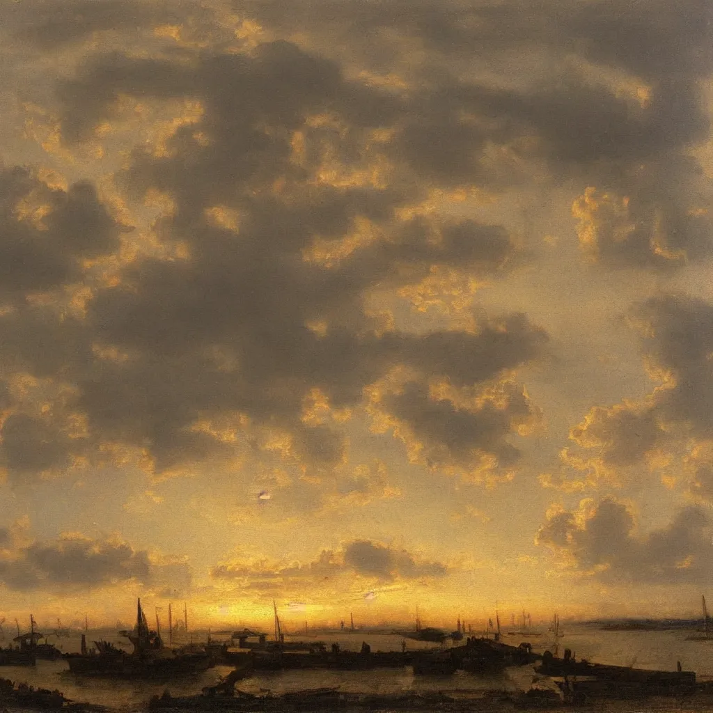 Prompt: a realistic oil painting of cloudy skies at sunrise, dutch masters
