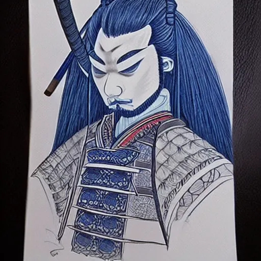 Prompt: beautiful samurai made with blue african ball point pen