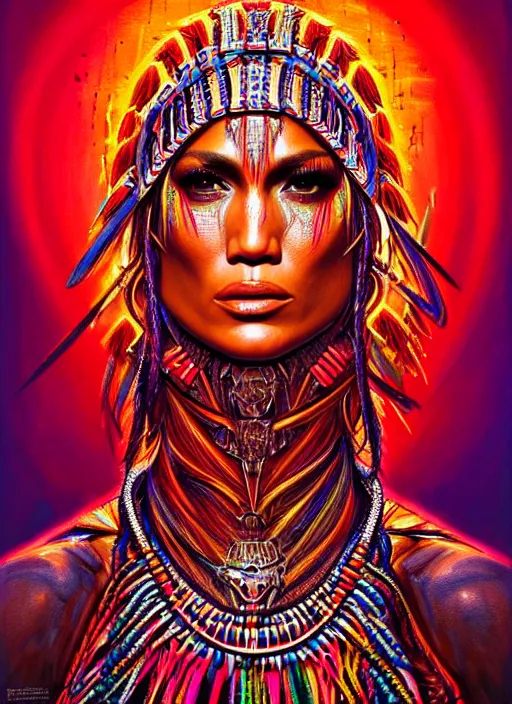 Image similar to portrait of jennifer lopez, hyper detailed ultra sharp aztec shaman warrior. trending on artstation, warpaint aesthetic, bloodwave, colorful, psychedelic, ornate, intricate, digital painting, concept art, smooth, sharp focus, illustration, art by artgerm and greg rutkowski and h. r. giger, 8 k