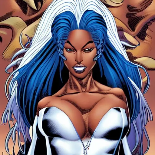 Prompt: Portrait of Ororo Munroe, a beautiful African woman in her 30s, with white hair and piercing blue eyes, symmetrical face, detailed face, gentle face, kind expression, heroic, graphic novel, art by Chris Bachalo and Marc Silvestri and John Cassaday and Michael Choi and Joe Madureira and Alan Davis,