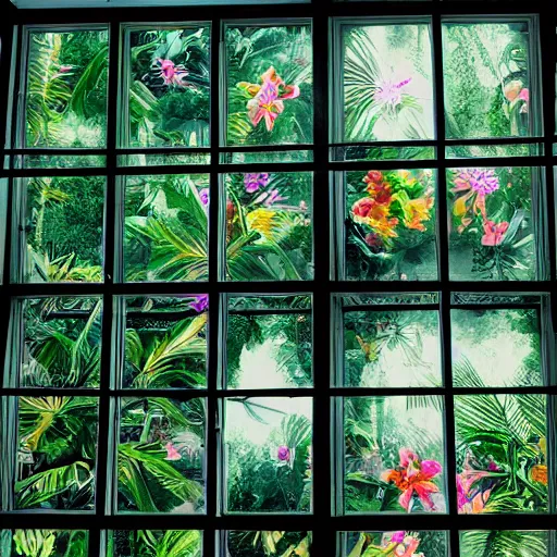 Prompt: a window full of tropical flowers, inside the window you can see the galaxy, trend in artstation, hdr, 8 k