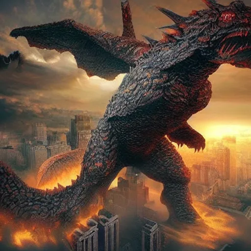 Prompt: giant kaiju with wings destroying a city, photo realistic, hyper realistic, extremely detailed