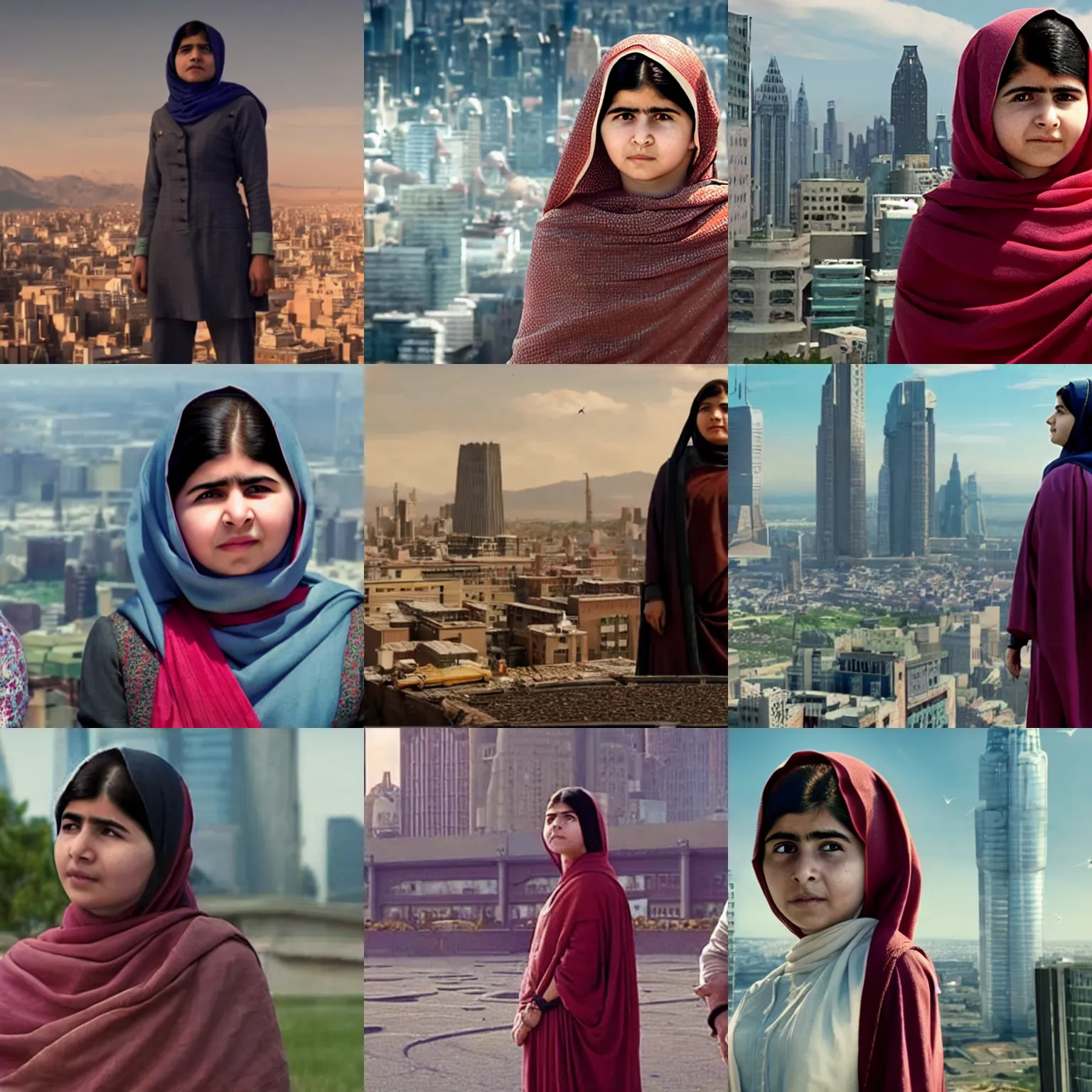Prompt: Malala Yousafzai grows to an enormous size and towers over a city, film still from 'Ant-Man and the Wasp'