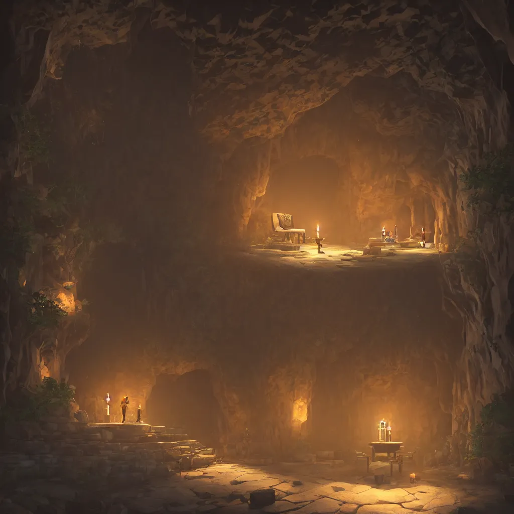 Image similar to secret overwatch common area carved inside a cave, doors to various living quarters, magical, natural light, huge central tree, flowers, candle light, cinematic lighting, clean lines, cozy, fantasy, minimalist architecture, sharp focus, concept art, octane render 4 k, artstation, by greg rutkowski