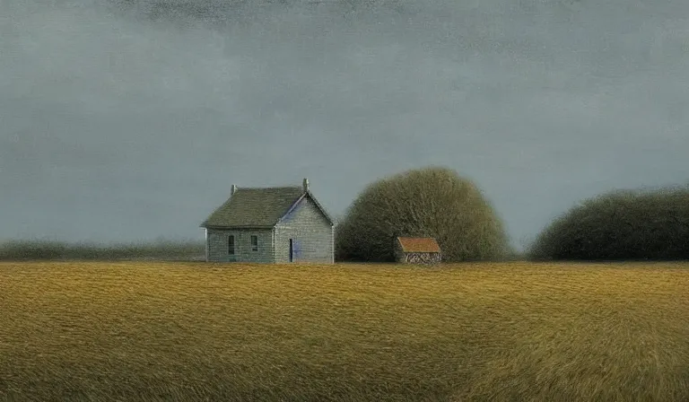 Prompt: A serene landscape with a singular building in the style of Lee Madgwick.