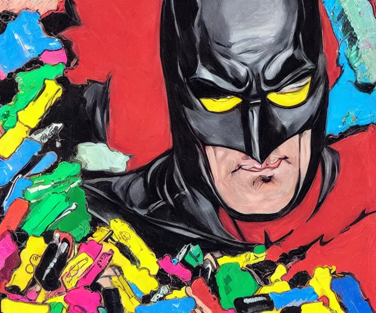 Image similar to “ sad batman crying and snacking on crayons from the box, eviscerated, photorealistic, hyperrealism, highly detailed, very pixar, mildly francoise nielly ”