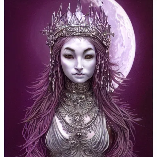 Prompt: portrait of broad shouldered mighty prophetess of the moon, silver filigree armor and tiara, silver shoulder pauldrons, moon above head, purple wavy hair, translucent skin, wide striking eyes, beautiful! coherent! by brom, by junji ito, by brian froud, strong line, high contrast, muted color