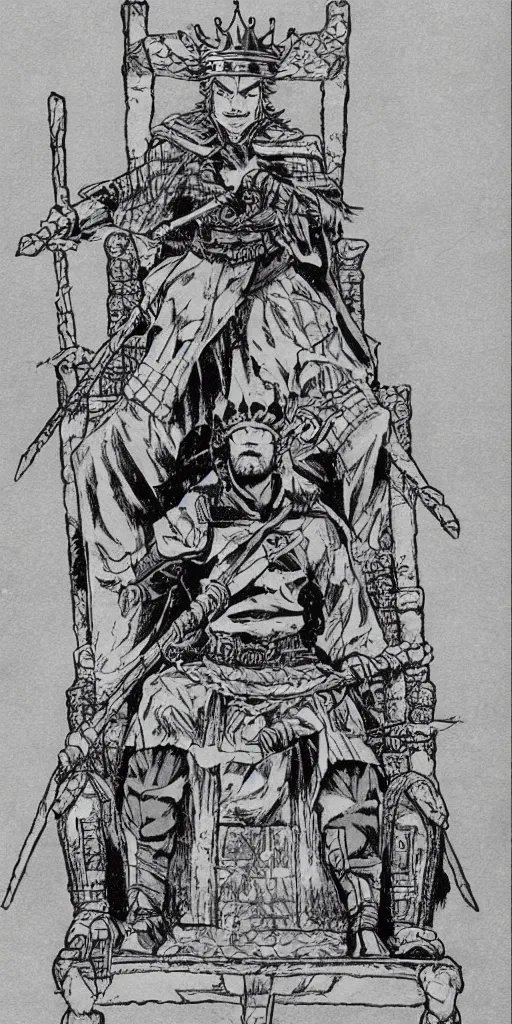 Prompt: a king on a throne drawn by Makoto Yukimura in the style of Vinland saga