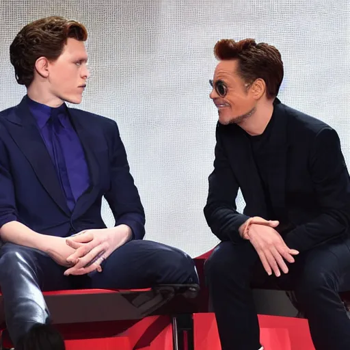 Prompt: tom holland looking at robert downey jr