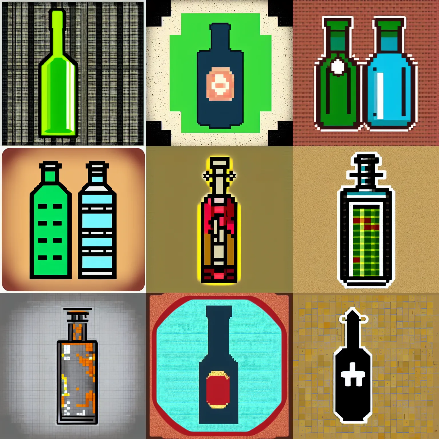 Prompt: retro sprite icon of a bottle of potion with cork, minimalist, rpg