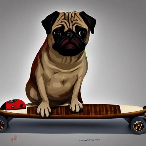 Prompt: a pug dog sitting on top of a skateboard, a digital painting by jeffrey smith, featured on cg society, digital art, digital painting, sketchfab, digital illustration