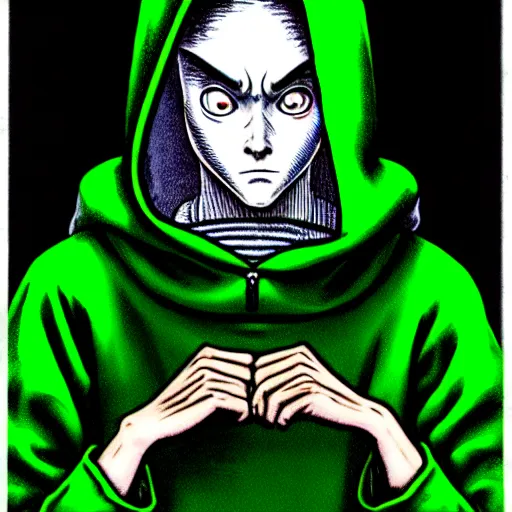 Image similar to portrait of programmer with green hood by junji ito