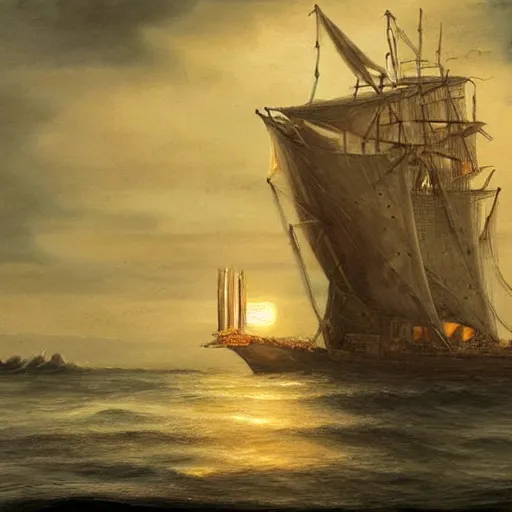 Image similar to an ancient sailing ship off the shore of a beautiful coastline with an omenous biopunk tower with glowing lights rising in the distance, a big scary tower with evil lights coming from it, painting by John Berkley